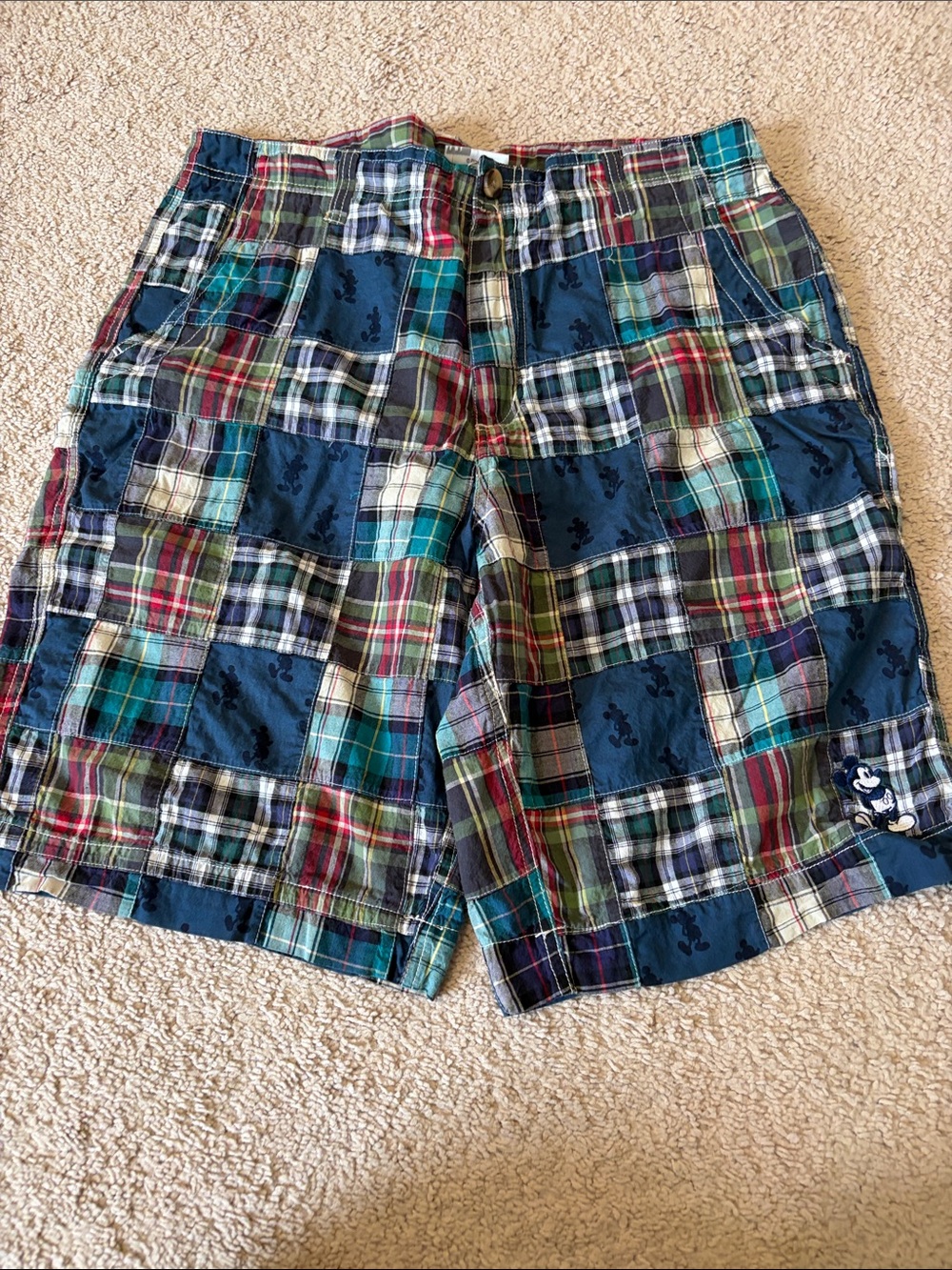 Disney Multicolor Patchwork Plaid Men's Flat Front Shorts
